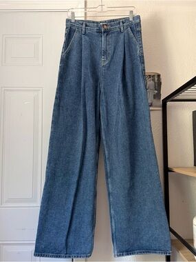 NWT THE FRANKIE SHOP blue denim cotton pleated high rise wide leg jeans